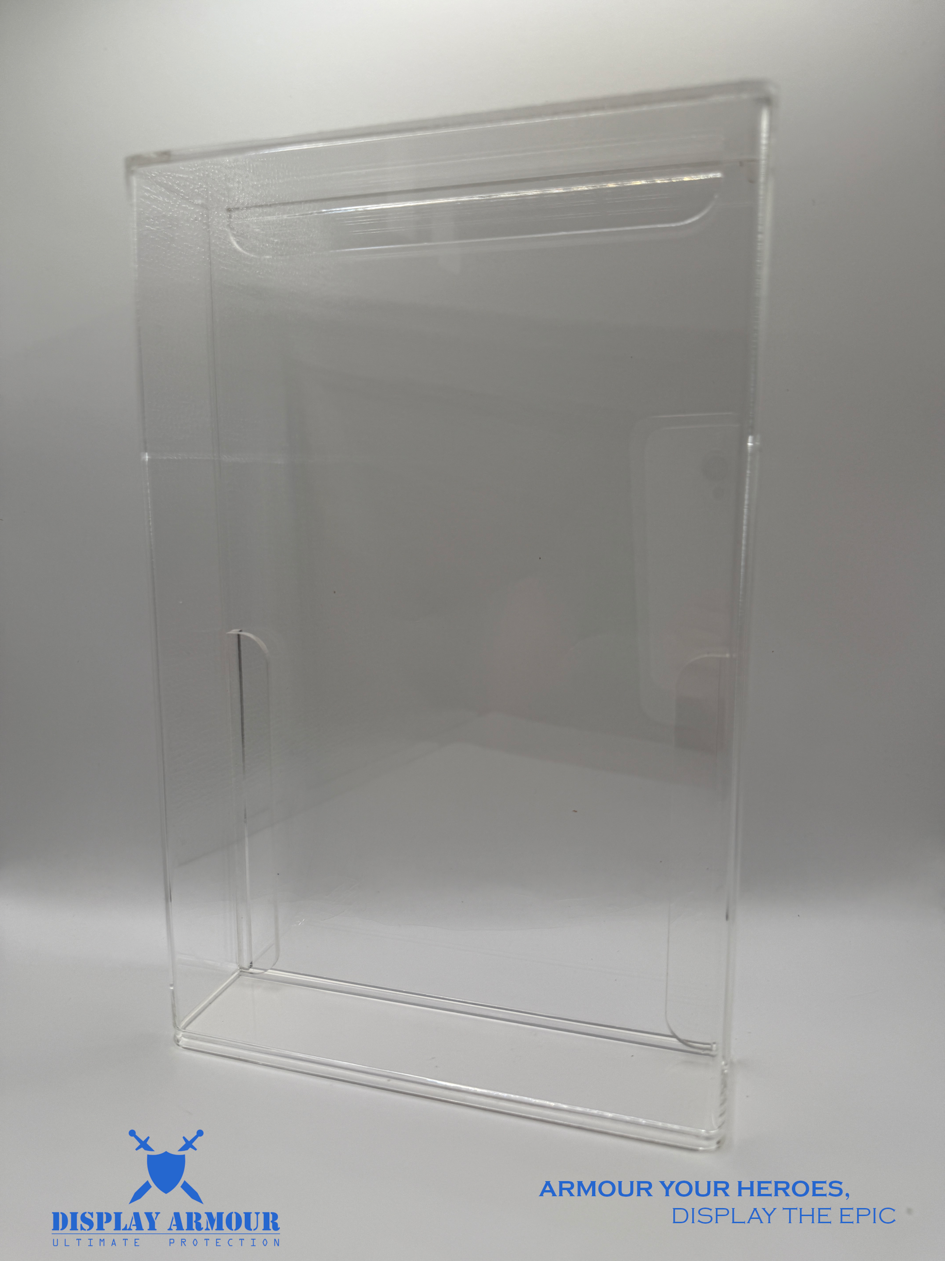 Empty side view of the GI Joe Tall Euro Cards display case by Display Armour, highlighting its clean, minimalistic design with a focus on protection and visibility for GI Joe action figures.
