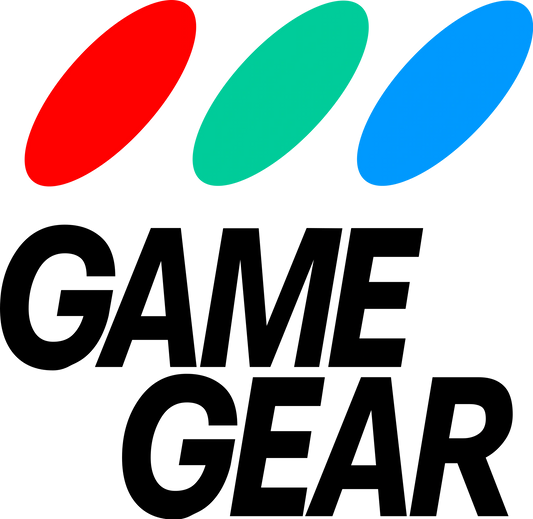 Logo of Game Gear with red, green, and blue ovals above the text on a white background