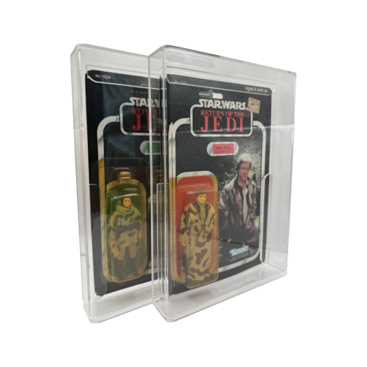 Han Solo and Princess Leia action figures from Star Wars displayed side by side in Display Armour cases, showcasing their clarity and protection features.