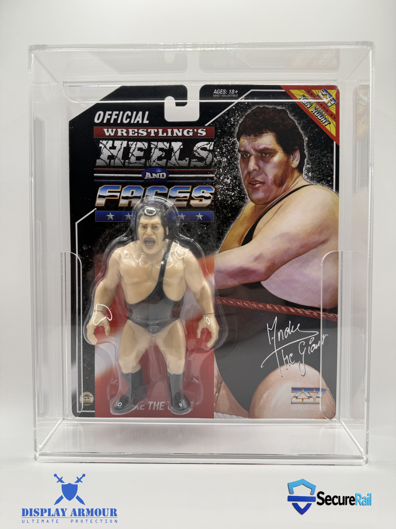 Heels and Faces wrestling figure protected in Display Armour SecureRail™ acrylic case.