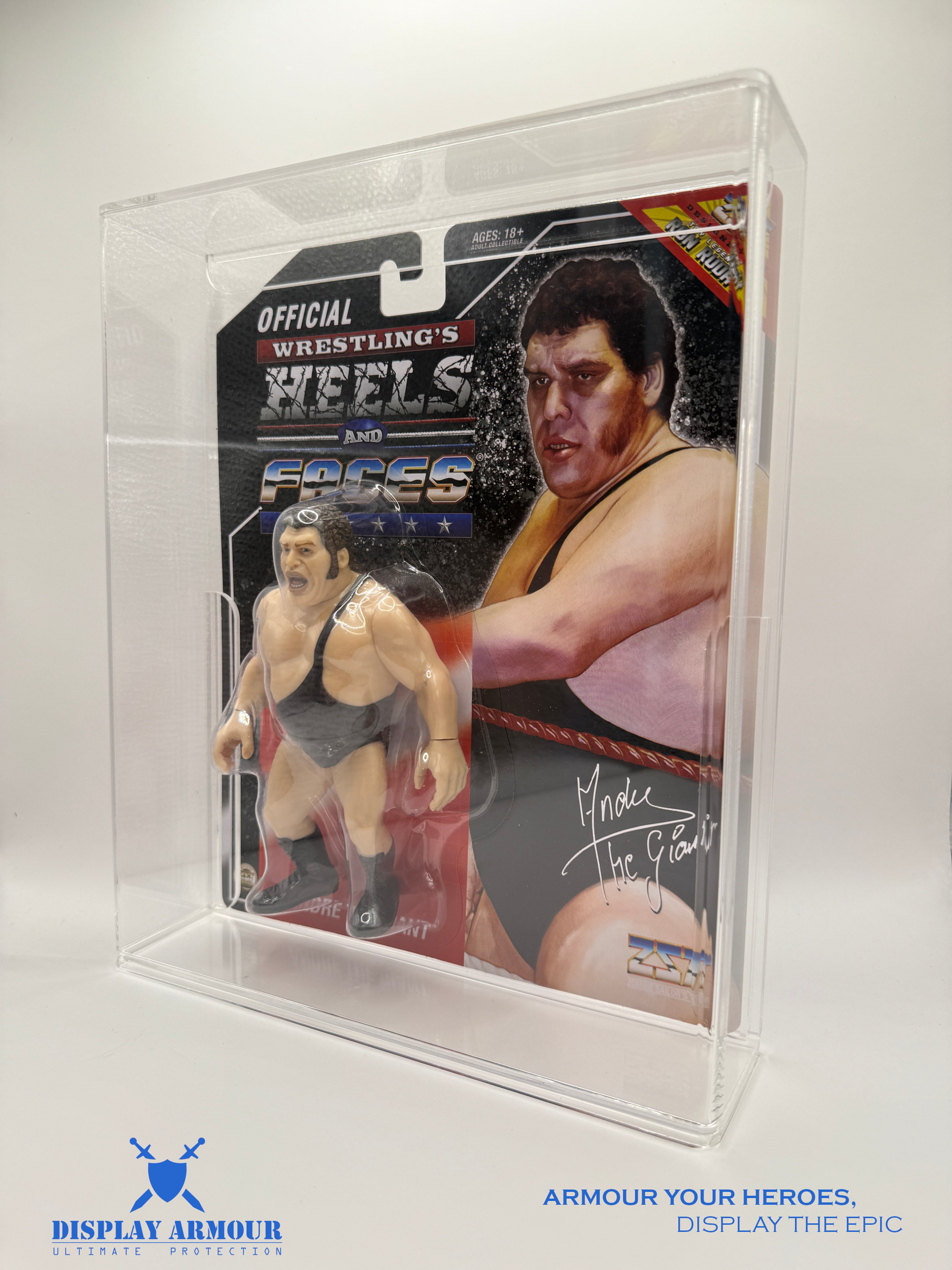 Side view of a Heels and Faces single display case by Display Armour, highlighting its protective and clear acrylic design.
