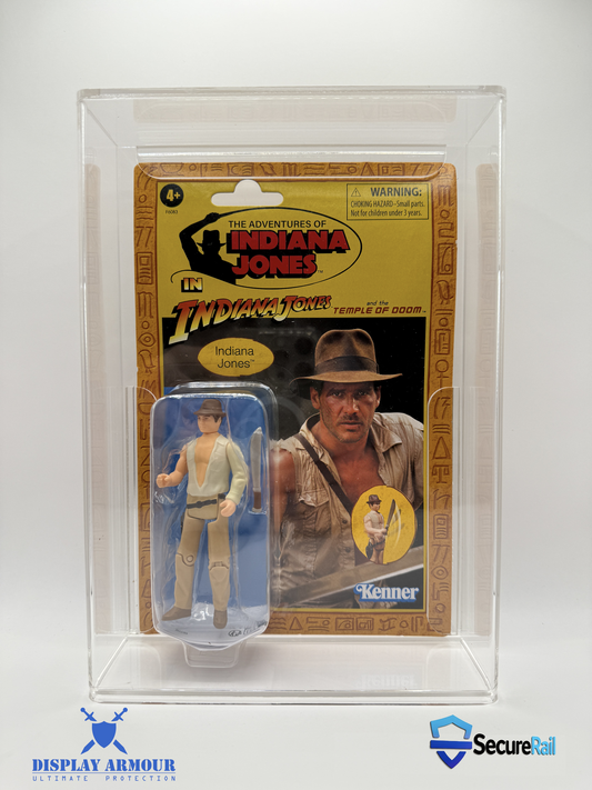 Indiana Jones action figure displayed in Display Armour UV acrylic case with SecureRail™ support.