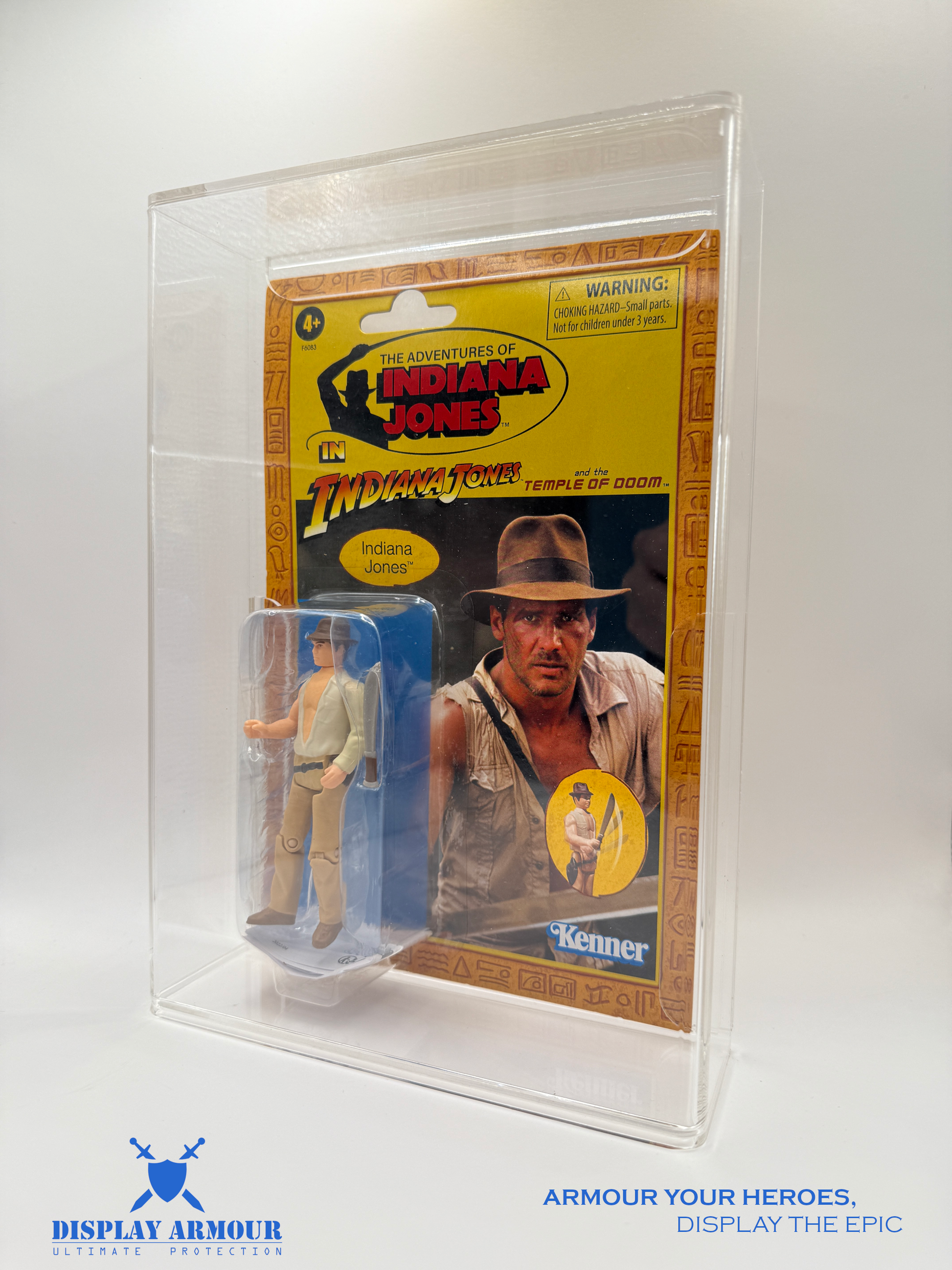 Side view of an Indiana Jones Kenner single display case by Display Armour, showcasing its durable acrylic protection.