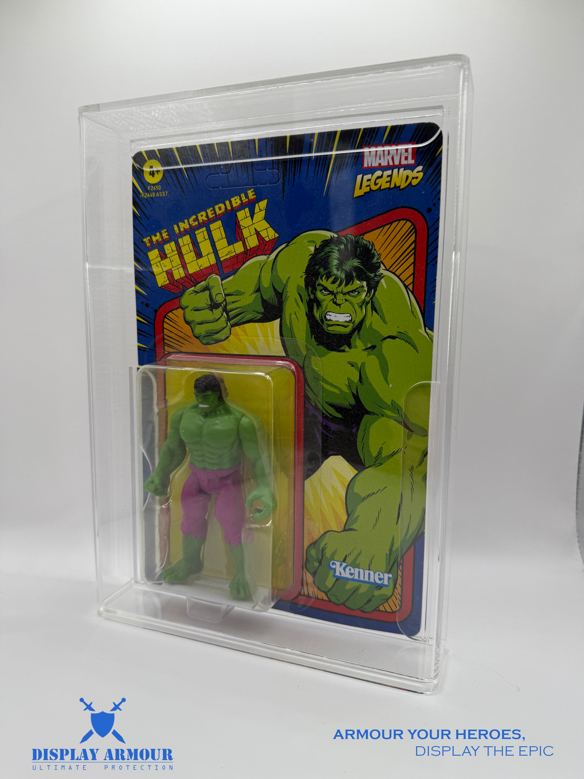 Marvel Legends action figure displayed in a Display Armour case, showcasing the figure from a side view with clear protection and easy access through the sliding door.