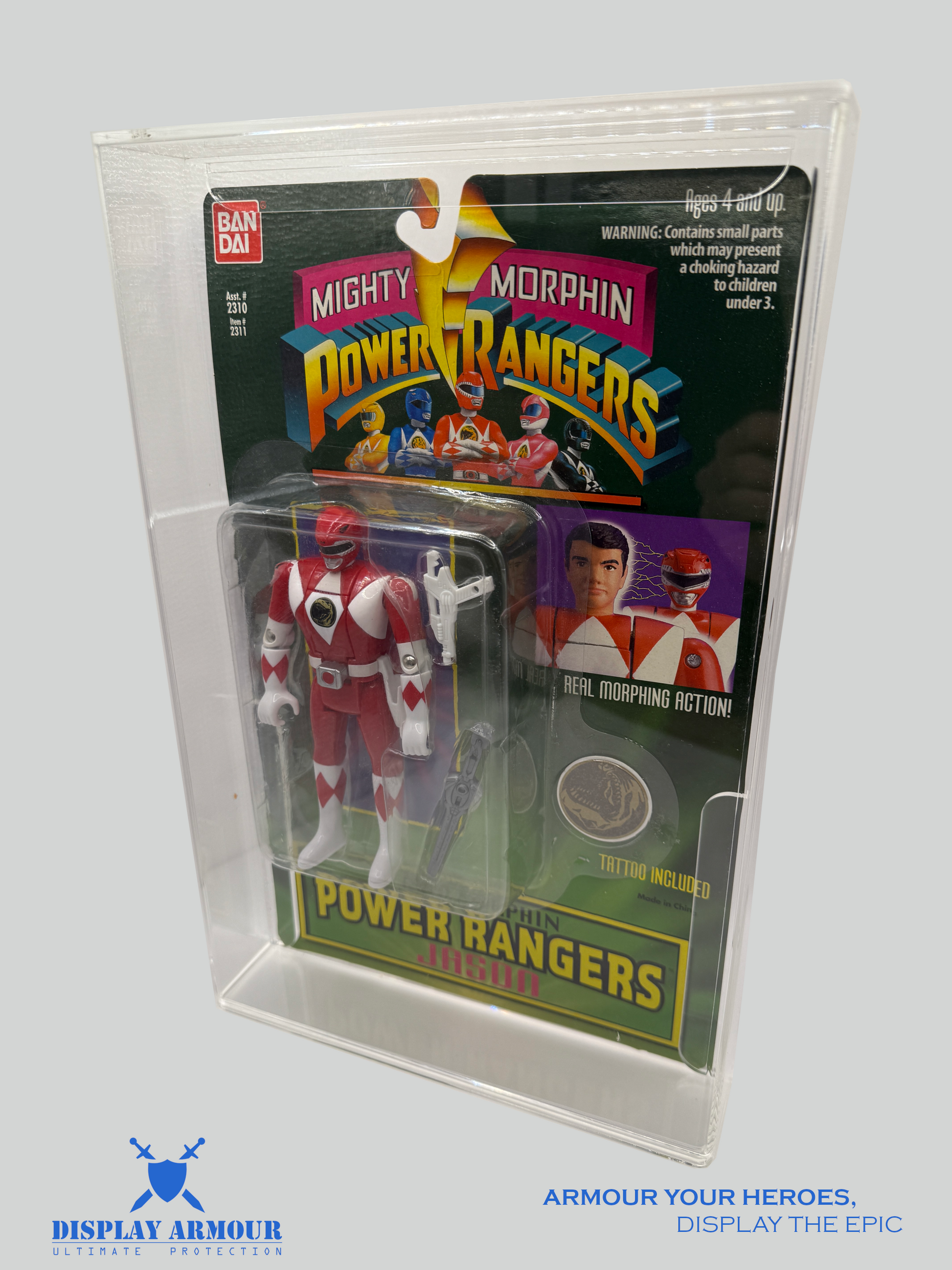 Side view of the Power Rangers action figure Display Armour case, highlighting the durable acrylic and sliding door for easy access to your collectible figures.
