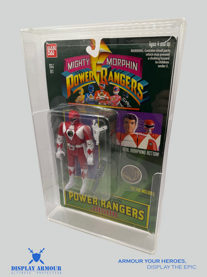 Side view of the Power Rangers action figure Display Armour case, highlighting the durable acrylic and sliding door for easy access to your collectible figures.