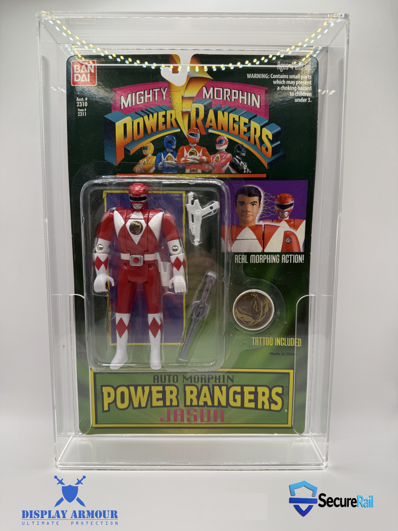 Power Rangers action figure displayed in Display Armour 4mm UV acrylic case with SecureRail™ system.