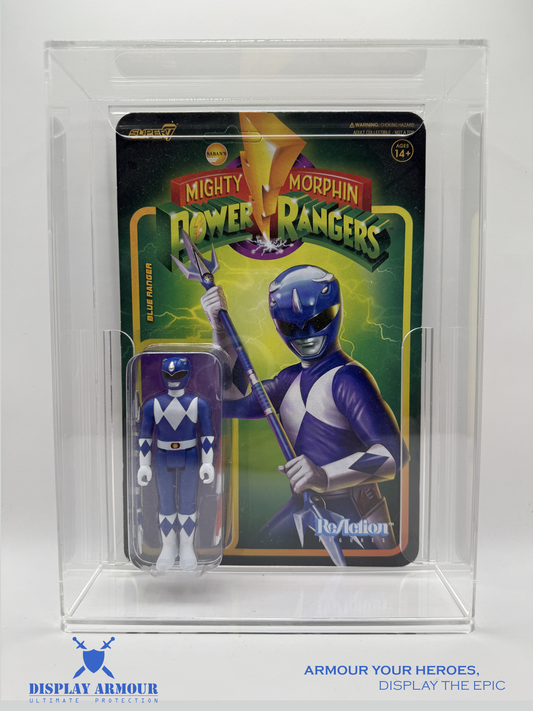 Front view of Display Armour's premium acrylic display case designed for Super7 Power Rangers ReAction figures. Showcasing crystal-clear 4mm acrylic with UV protection and perfect MOC fit.