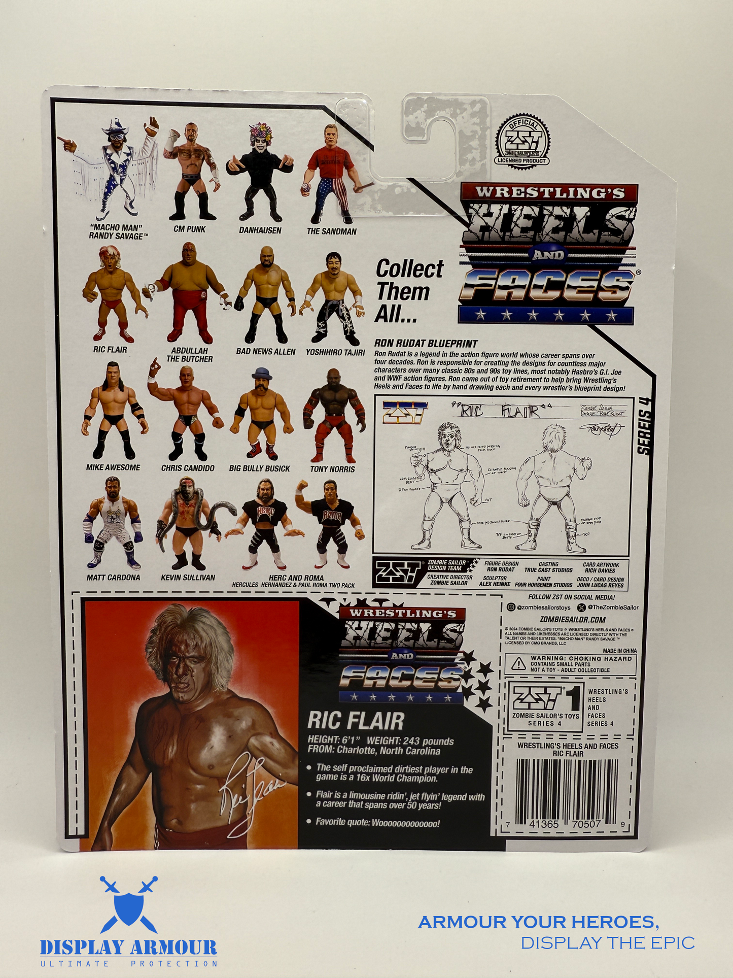 Back view of Ric Flair Heels and Faces action figure by Zombie Sailor Toys, showing card design and details.