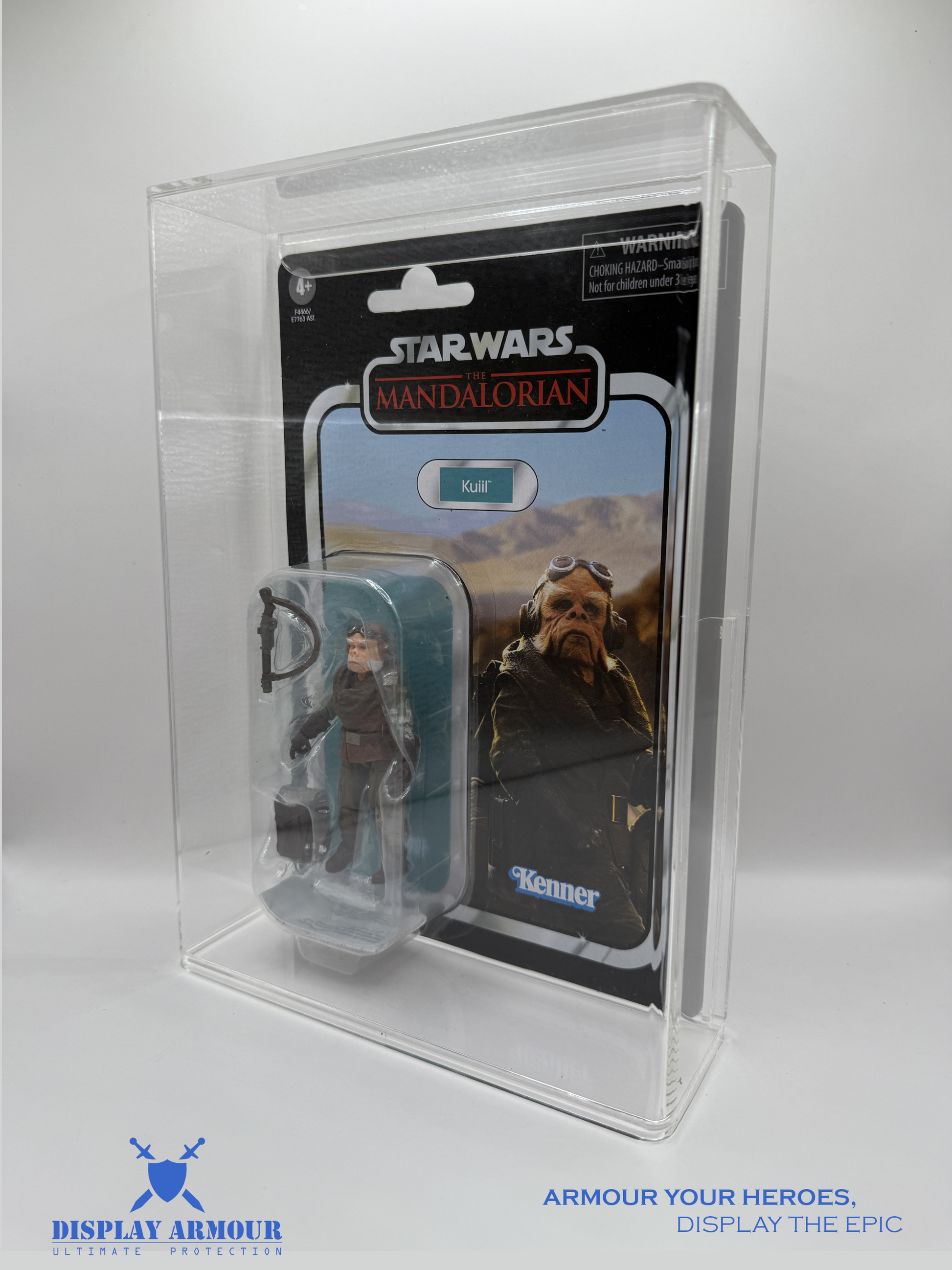 Side angle shot showing the Star Wars Mandalorian Retro Collection figure inside a premium Display Armour acrylic display case, highlighting the thickness and clarity of the protective casing.
