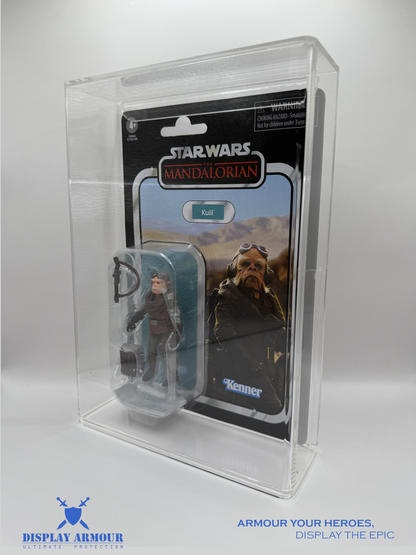 Side angle shot showing the Star Wars Mandalorian Retro Collection figure inside a premium Display Armour acrylic display case, highlighting the thickness and clarity of the protective casing.