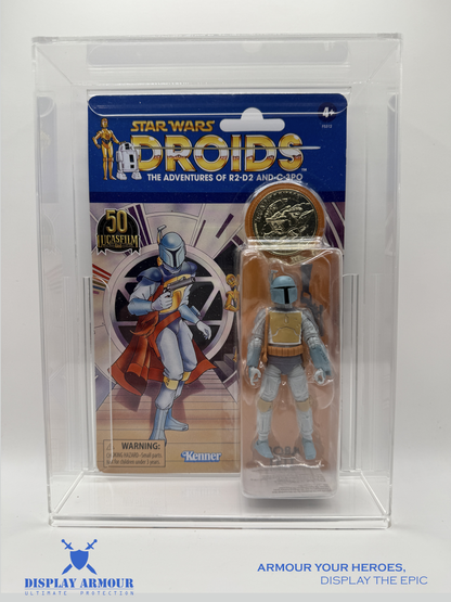 Front view of Display Armour's premium acrylic display case designed for vintage Star Wars Droids figures. Features 4mm UV-protected acrylic and a snug MOC fit for long-term protection.