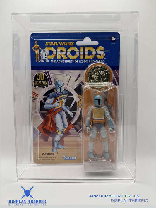 Front view of Display Armour's premium acrylic display case designed for vintage Star Wars Droids figures. Features 4mm UV-protected acrylic and a snug MOC fit for long-term protection.