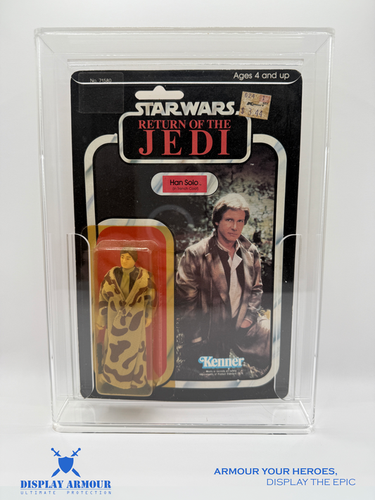 Star Wars Han Solo Action Figure displayed in a front view inside a Display Armour case, showcasing excellent protection and clarity