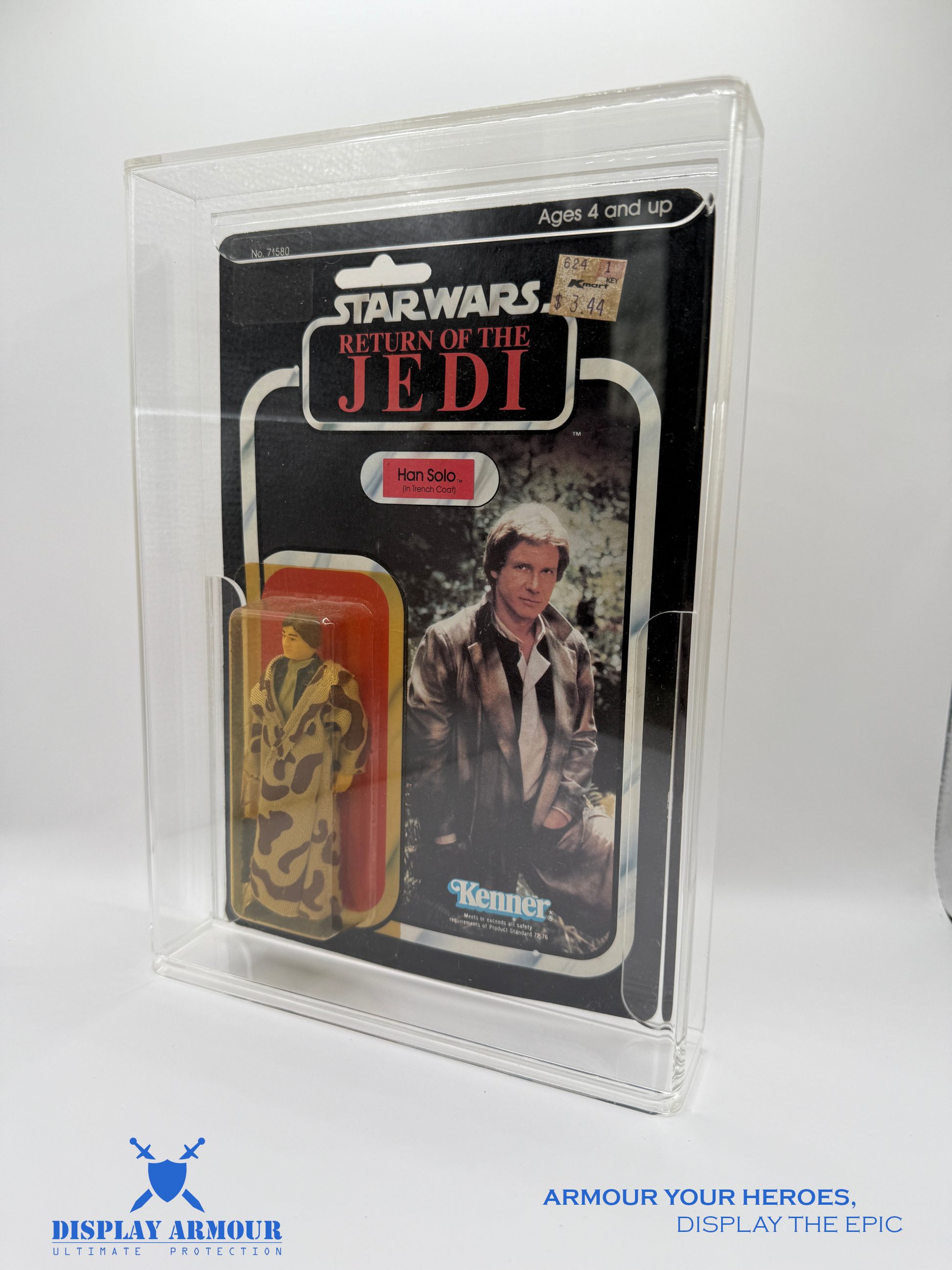 Star Wars Han Solo Action Figure displayed in a side view within a Display Armour case, offering optimal protection and visibility