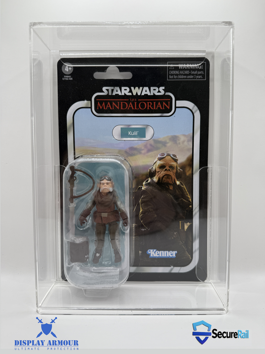 The Mandalorian action figure in Display Armour UV-protected acrylic display case with SecureRail™ support.
