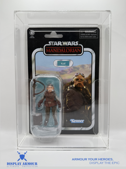 Front view of a Star Wars Mandalorian Retro Collection action figure securely housed in a Display Armour 4mm thick acrylic display case, providing UV protection and crystal-clear presentation.
