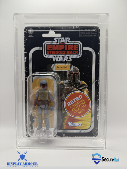 Star Wars Retro Collection action figure displayed in Display Armour UV acrylic case with SecureRail™ technology.