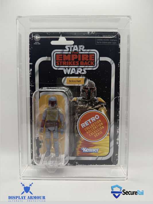 Star Wars Retro Collection action figure displayed in Display Armour UV acrylic case with SecureRail™ technology.