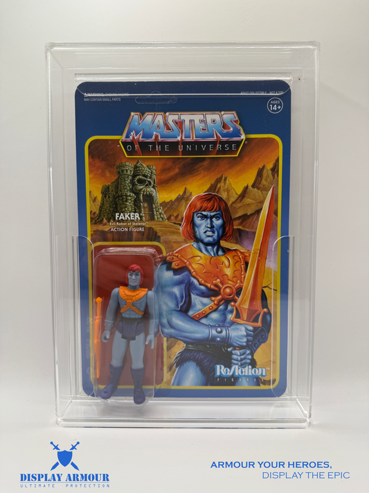 A front view of the Super7 MOTU action figure display case, providing ultimate clarity, protection, and easy access to showcase your collectible action figures