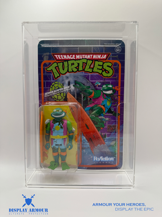 Front view of the Super7 TMNT action figure display case, providing a sleek design and clear protection for your Teenage Mutant Ninja Turtles collectibles.