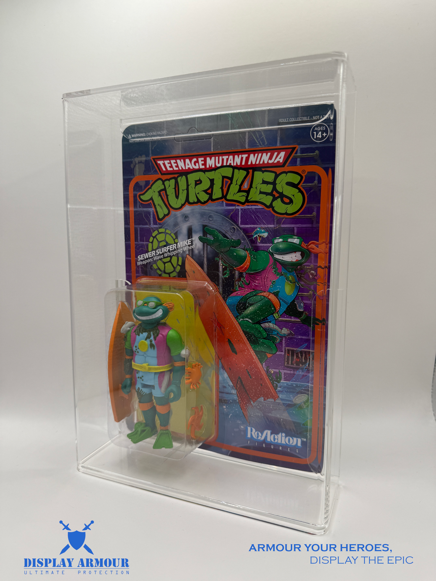 Side view of the Super7 TMNT action figure display case, offering a perfect fit with 4mm thick acrylic and UV protection to maintain the quality of your TMNT figures