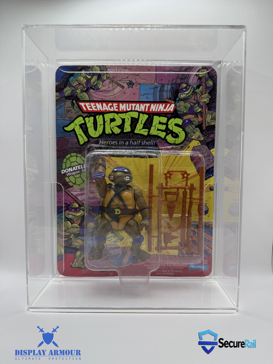 Front view of Teenage Mutant Ninja Turtles Playmates figure in a Display Armour UV-protected acrylic display case with SecureRail™ precision fit.