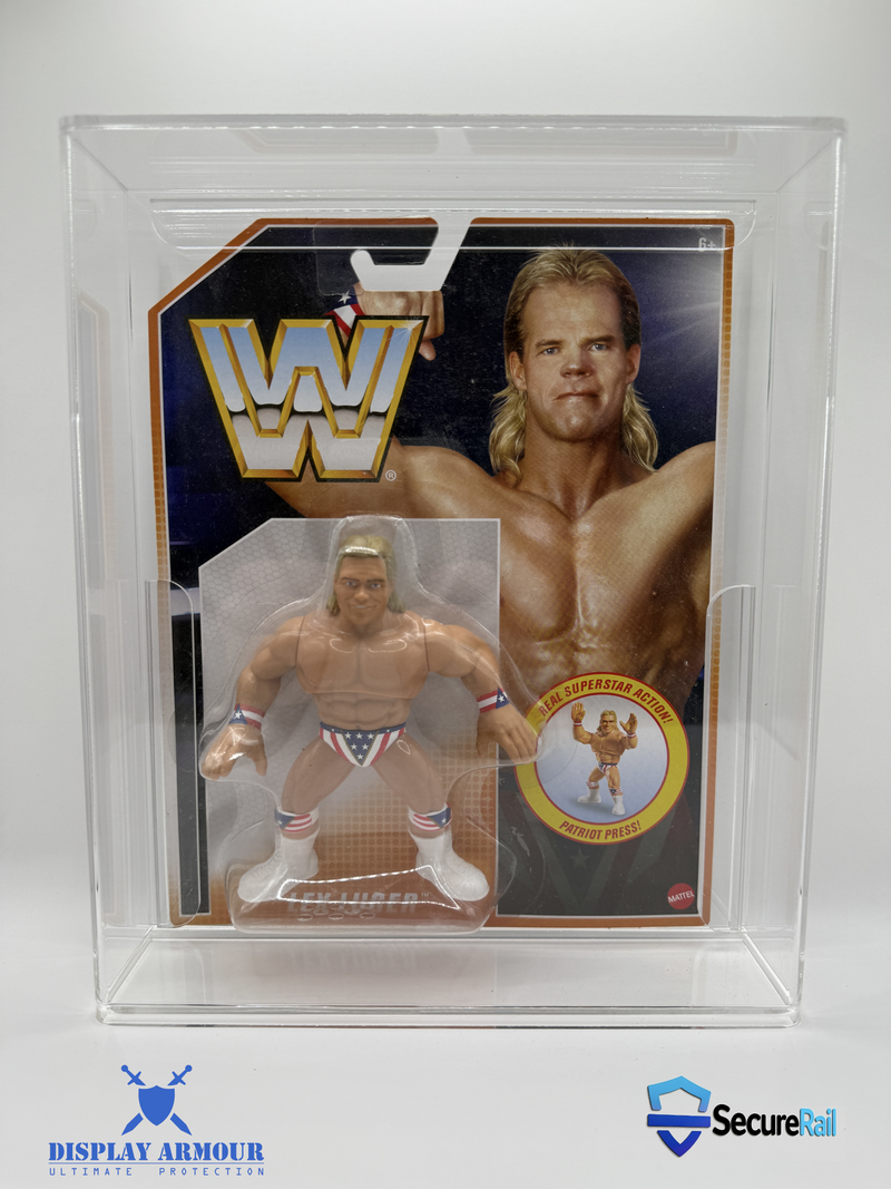 WWE Retro action figure in Display Armour UV-protected acrylic display case with SecureRail™ support.