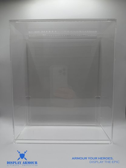 Front view of the WWF Hasbro deep bubble display case by Display Armour, featuring a custom fit designed to perfectly showcase WWF Hasbro figures in a crystal-clear, 4mm thick acrylic case