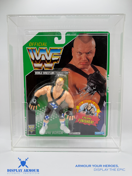 WWF Hasbro Ludvig Borga Series 11 Action Figure displayed in a front view inside a Display Armour case, highlighting its pristine condition and protection