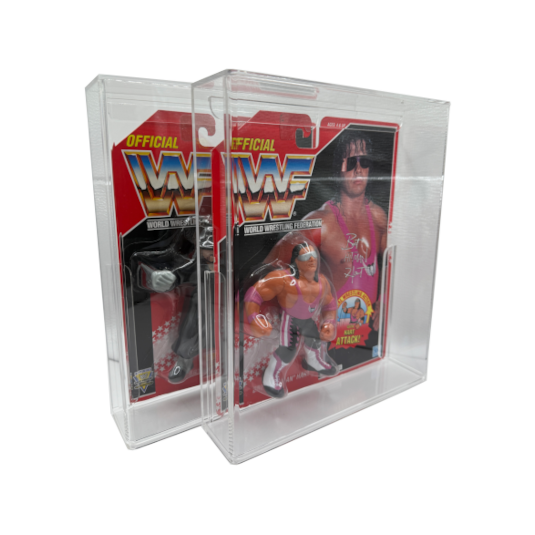 WWF Hasbro Series 8 Undertaker and Bret Hart action figures displayed side by side in Display Armour cases, showcasing the figures in pristine condition with clear, protective display cases.