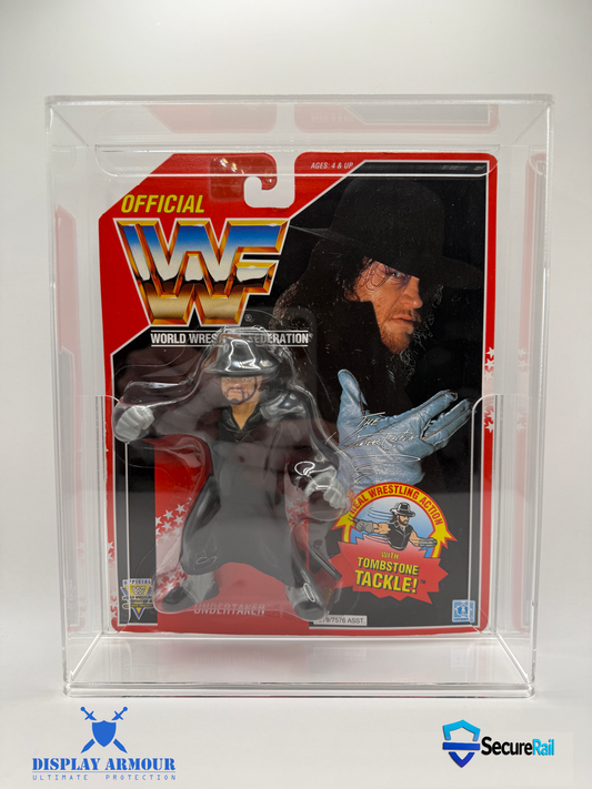 WWF Hasbro Undertaker action figure displayed in a Display Armour acrylic case featuring SecureRail precision support and locking seal.