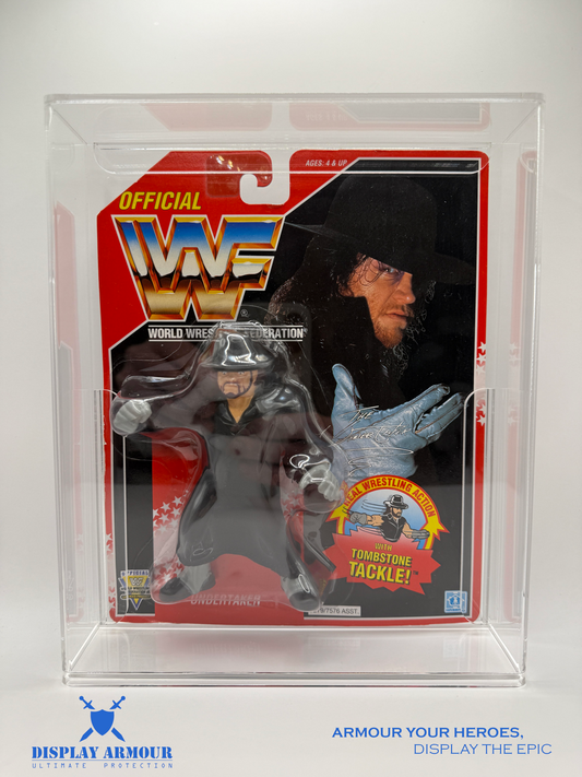 Front view of a WWF Hasbro single display case by Display Armour, highlighting its protective and clear acrylic design.