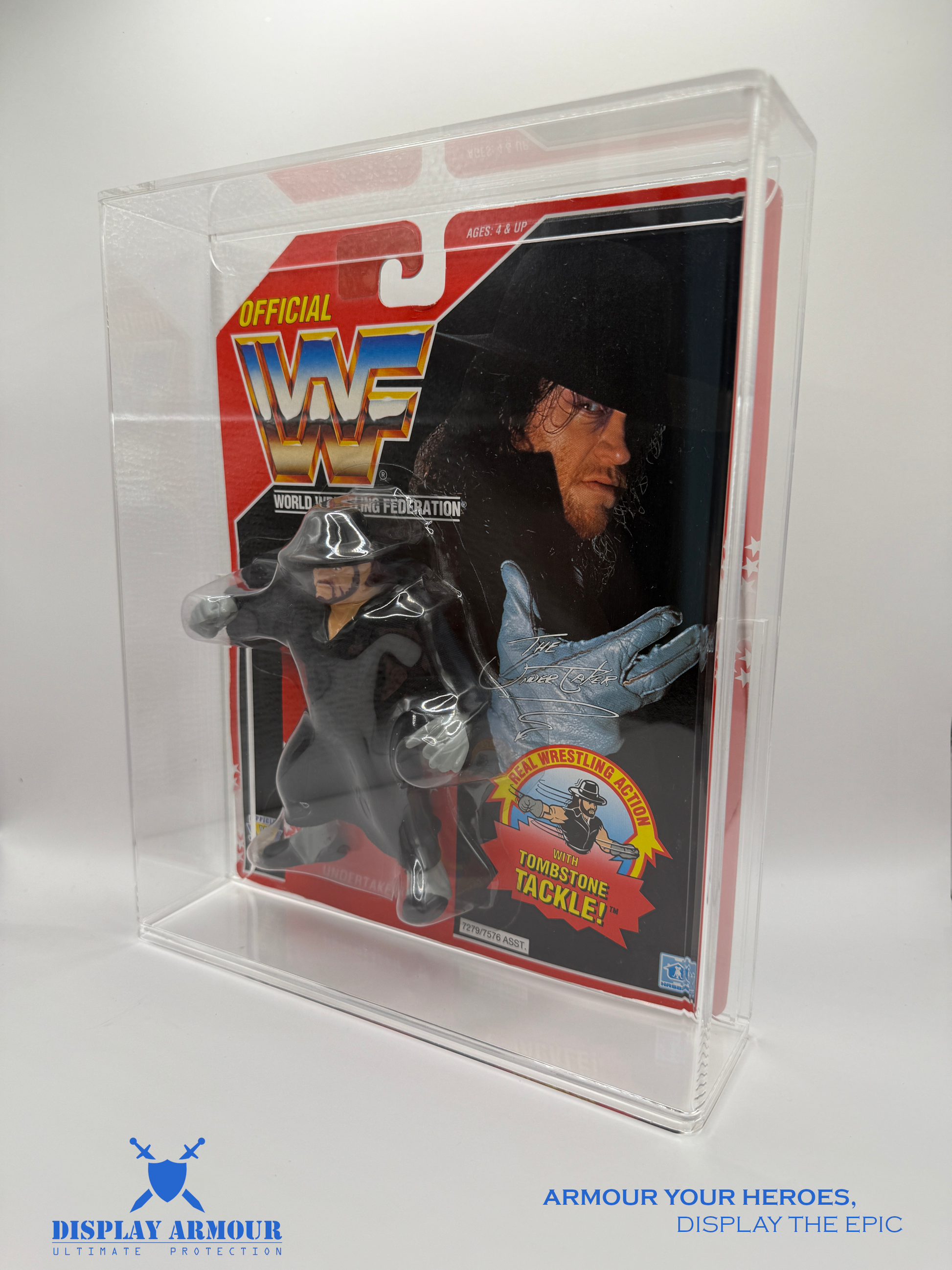 Side view of a WWF Hasbro single display case by Display Armour, highlighting its protective and clear acrylic design.