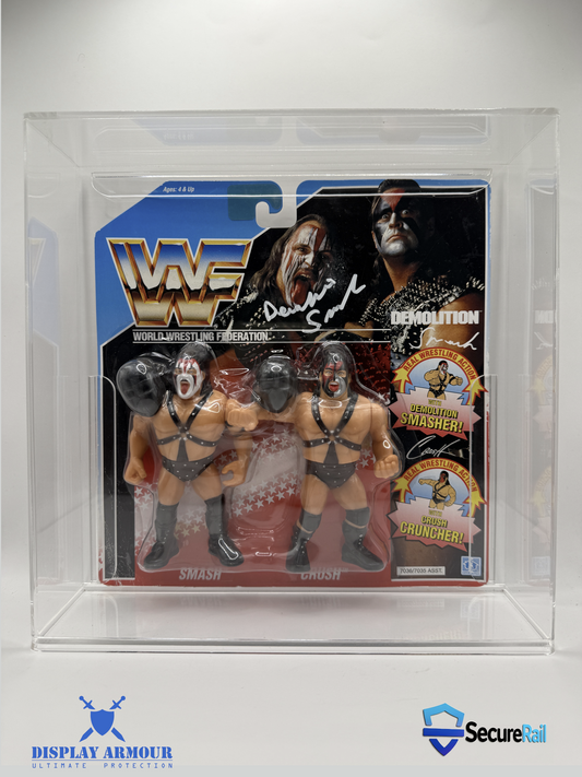 WWF Hasbro Tag Team figures displayed in a Display Armour acrylic case with SecureRail™ protection.