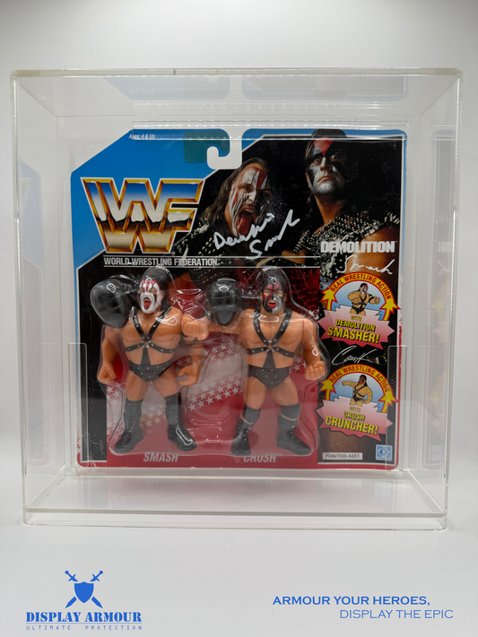 Front view of the WWF Hasbro Tag Teams display case by Display Armour, featuring crystal-clear acrylic and a custom fit to perfectly showcase your WWF Hasbro action figures in their tag team lineup.