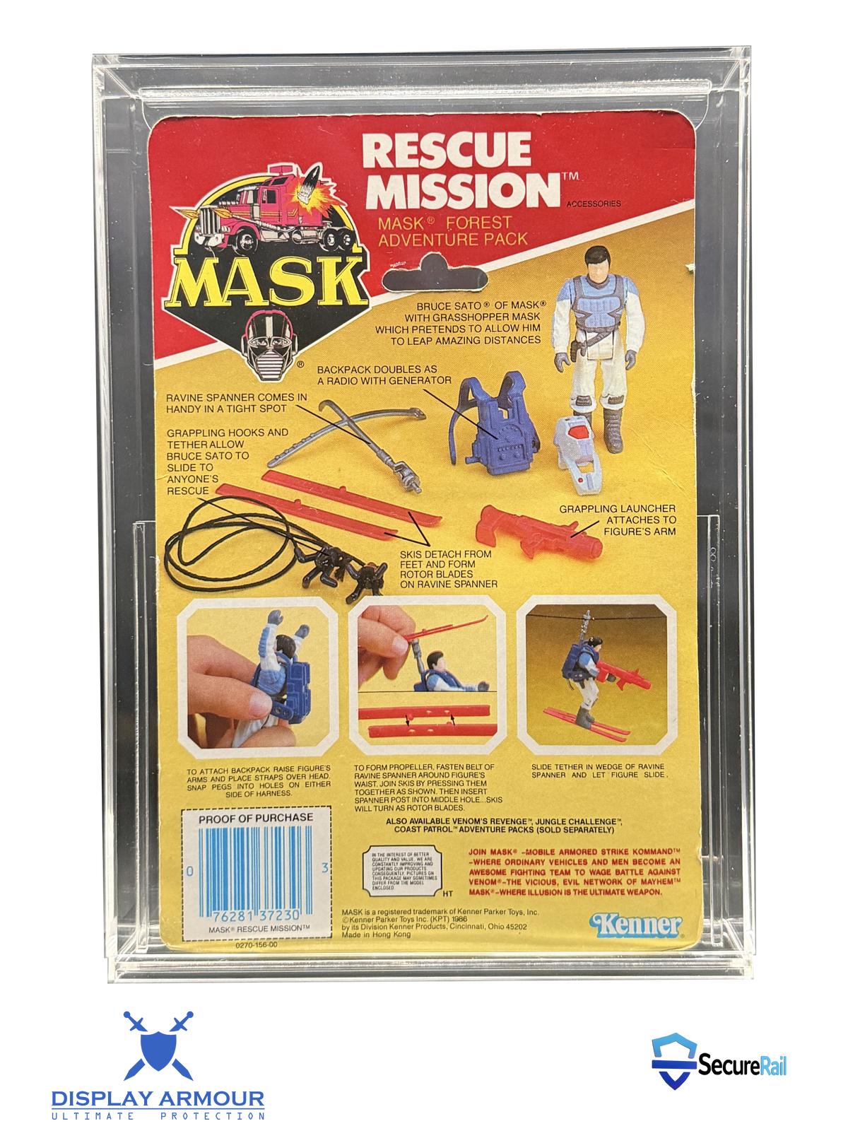 Rear of vintage M.A.S.K. cardback displayed through crystal-clear Display Armour acrylic case