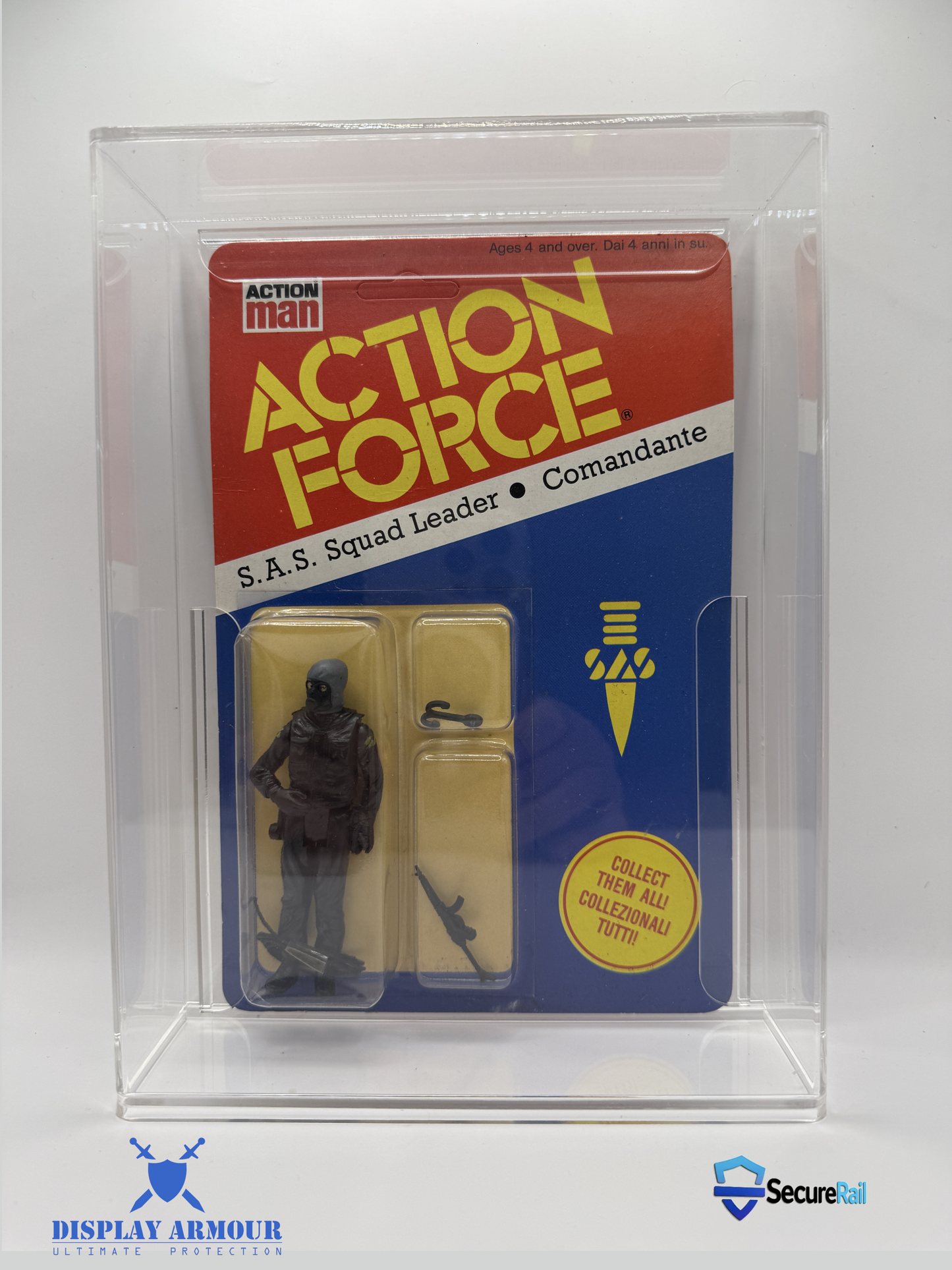 Front view of Action Force S.A.S. Squad Leader action figure sealed in a Display Armour UV acrylic display case with SecureRail support system.