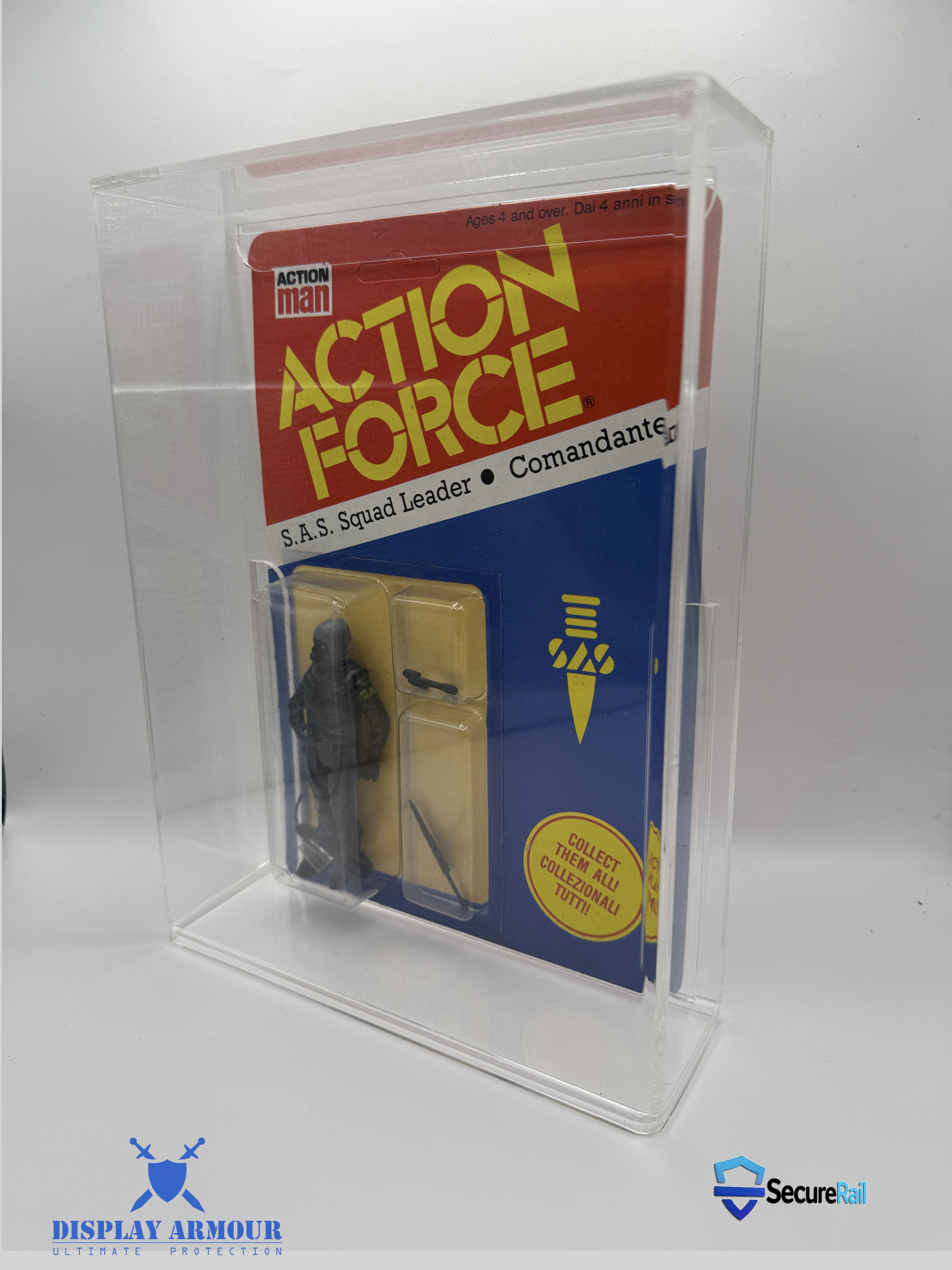 Side view of Action Force S.A.S. Squad Leader figure in a Display Armour 4mm UV-protected acrylic case featuring SecureRail precision fit.