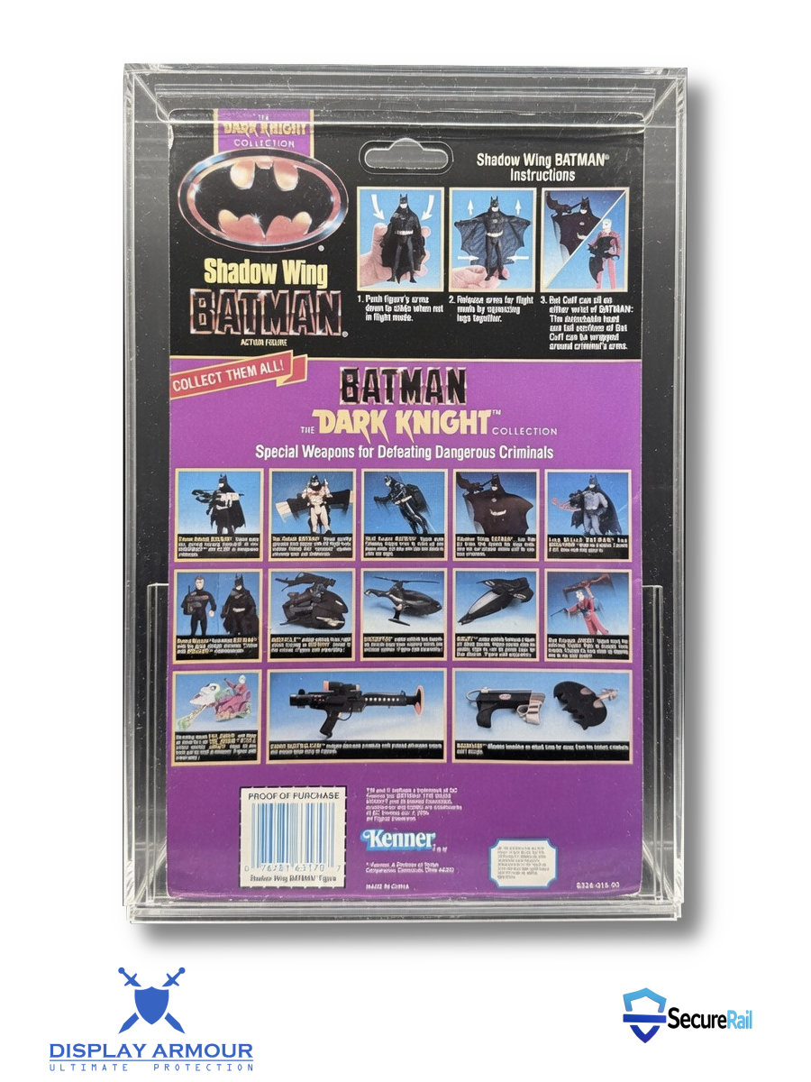 Batman The Dark Knight Kenner action figure card back displayed in Display Armour acrylic display case