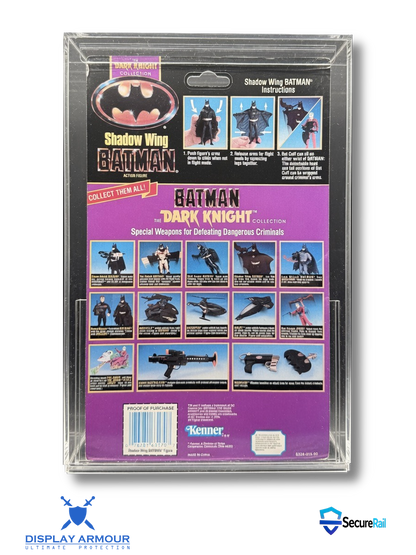Batman The Dark Knight Kenner action figure card back displayed in Display Armour acrylic display case