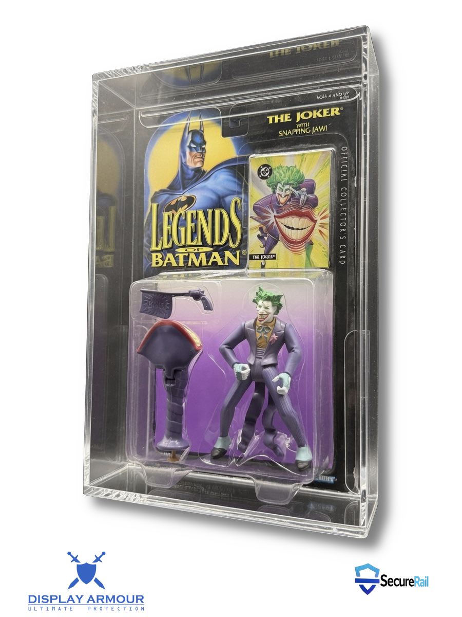 Display Armour premium acrylic display case protecting a Legends of Batman Kenner carded action figure.