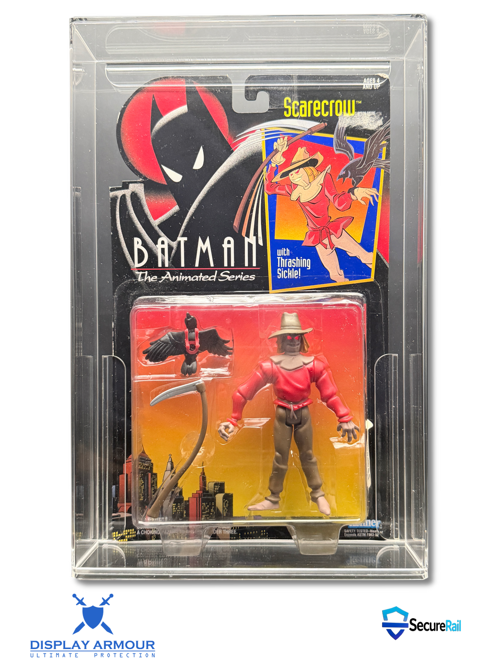 Batman mint on card figure front view in acrylic display case.