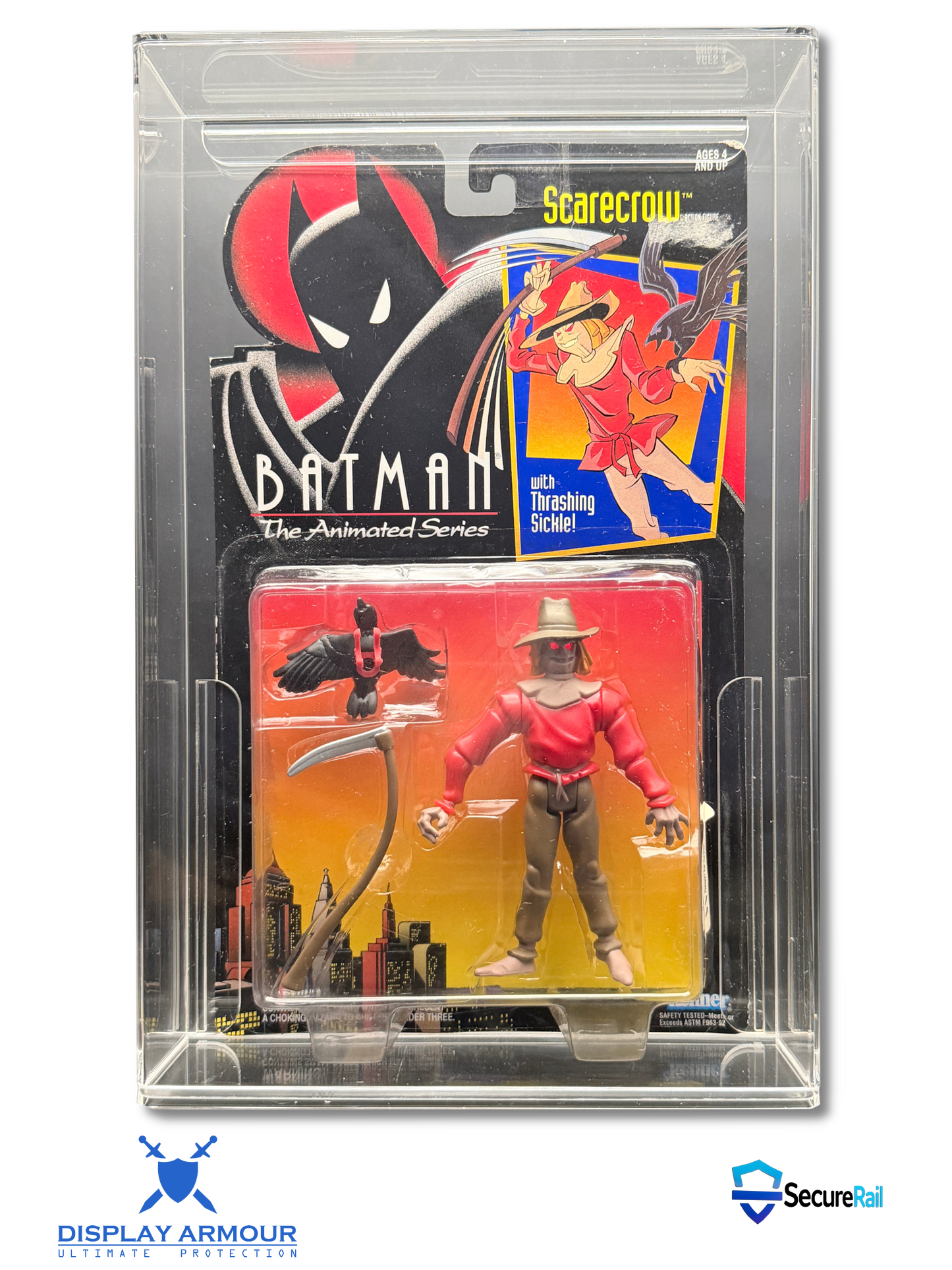 Batman mint on card figure front view in acrylic display case.