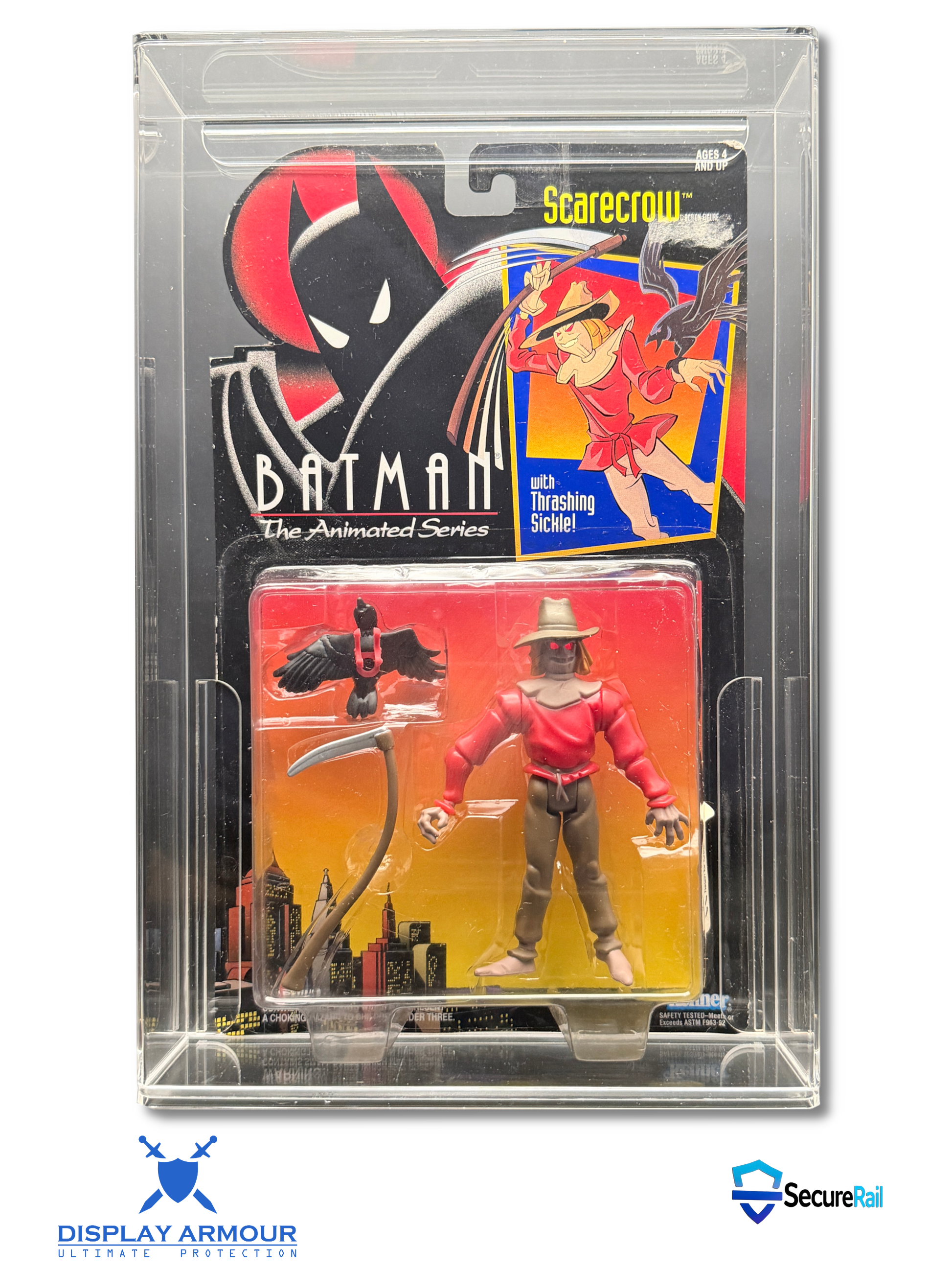 Batman mint on card figure front view in acrylic display case.