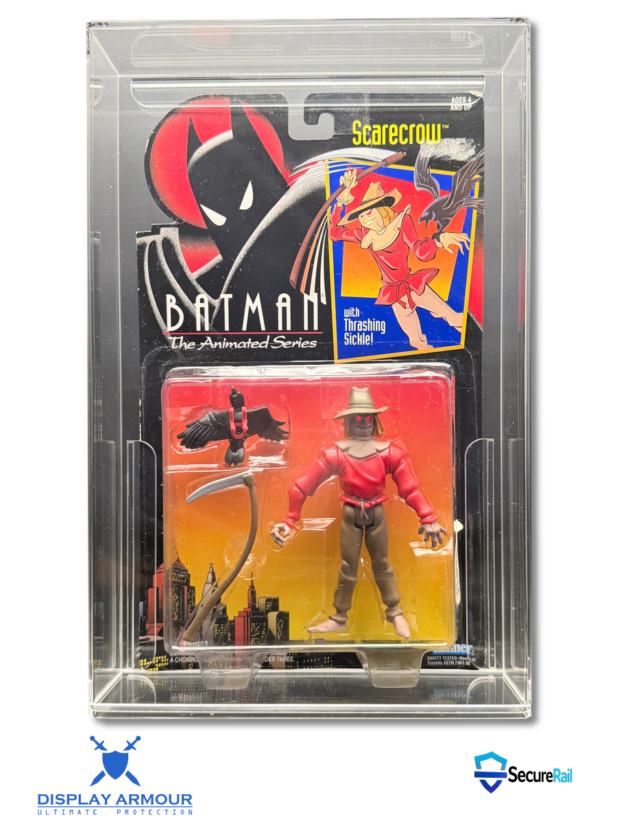Batman mint on card figure front view in acrylic display case.