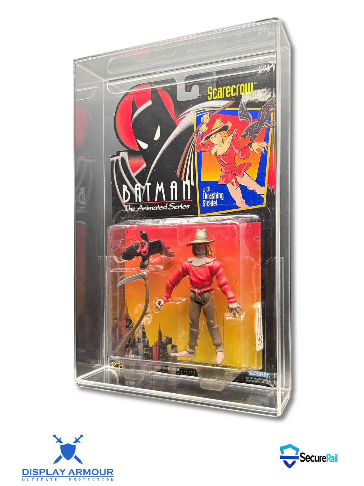 Display Armour acrylic display case protecting a Batman: The Animated Series Kenner carded action figure with 4 mm UV-protected acrylic.