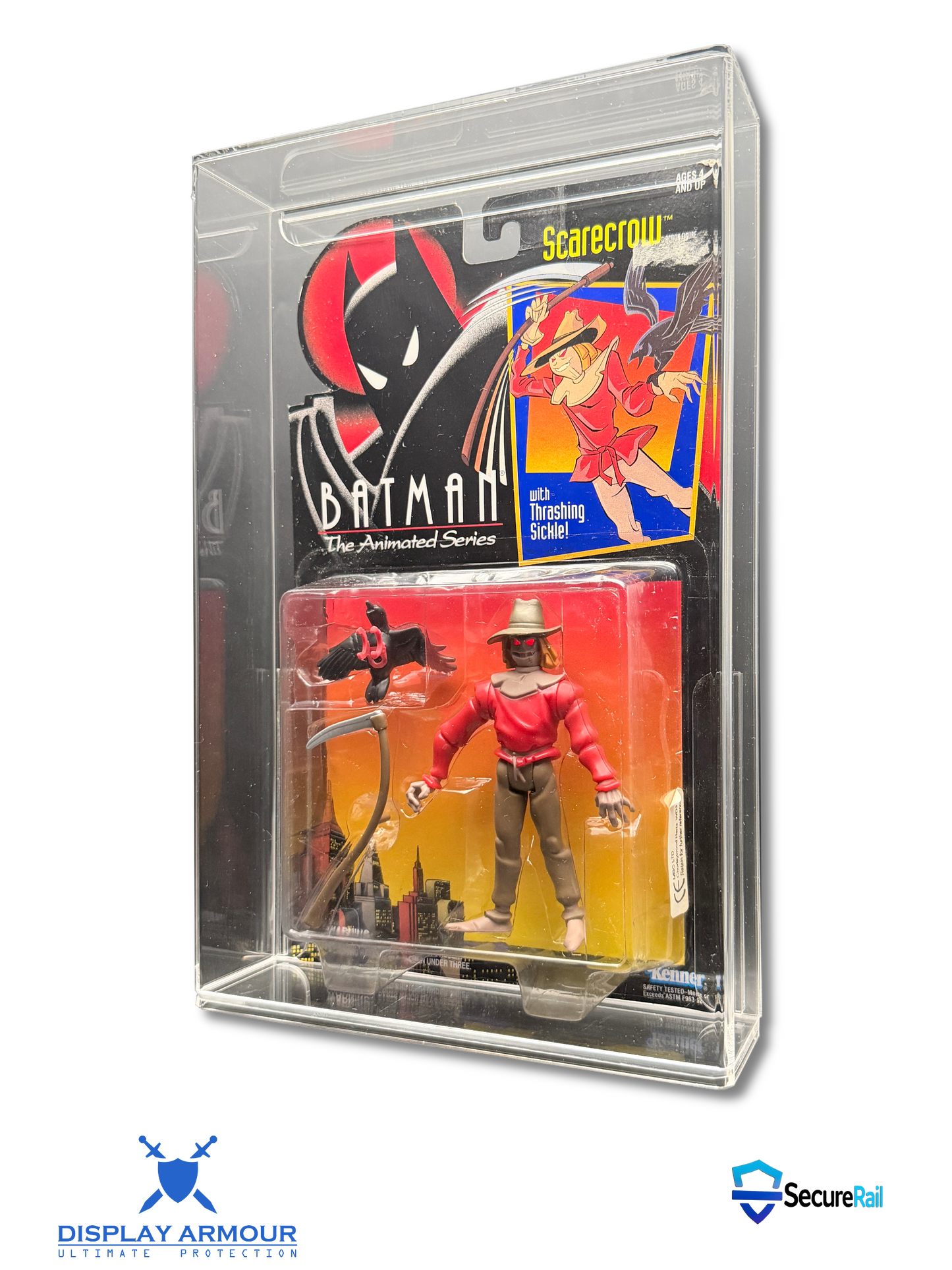 Batman mint on card figure side angle in acrylic display case.