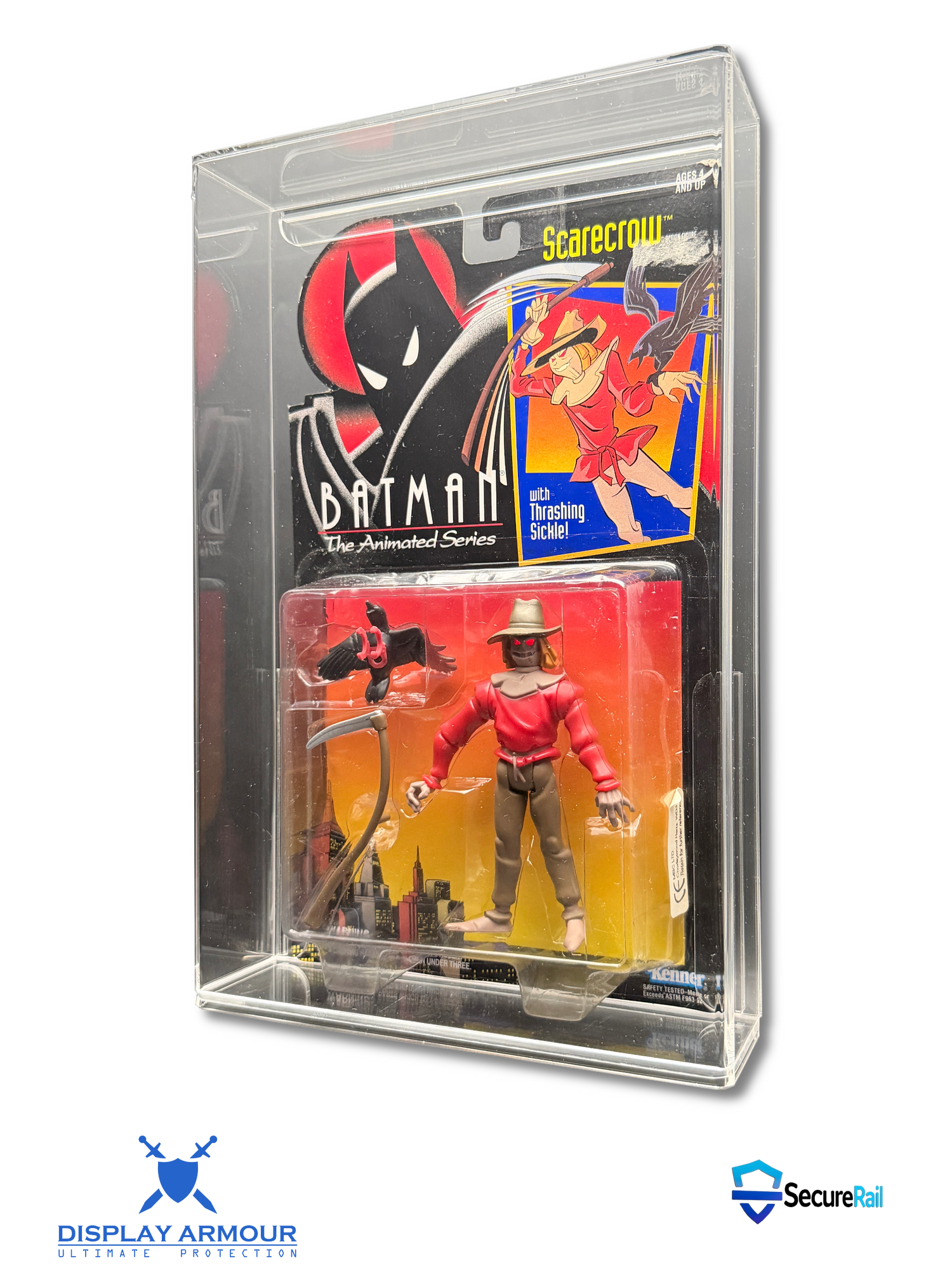 Batman mint on card figure side angle in acrylic display case.
