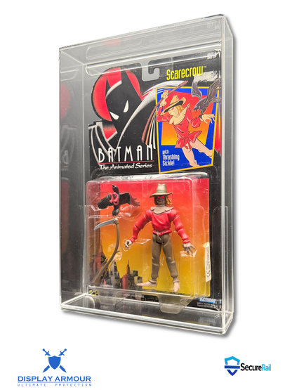Batman mint on card figure side angle in acrylic display case.